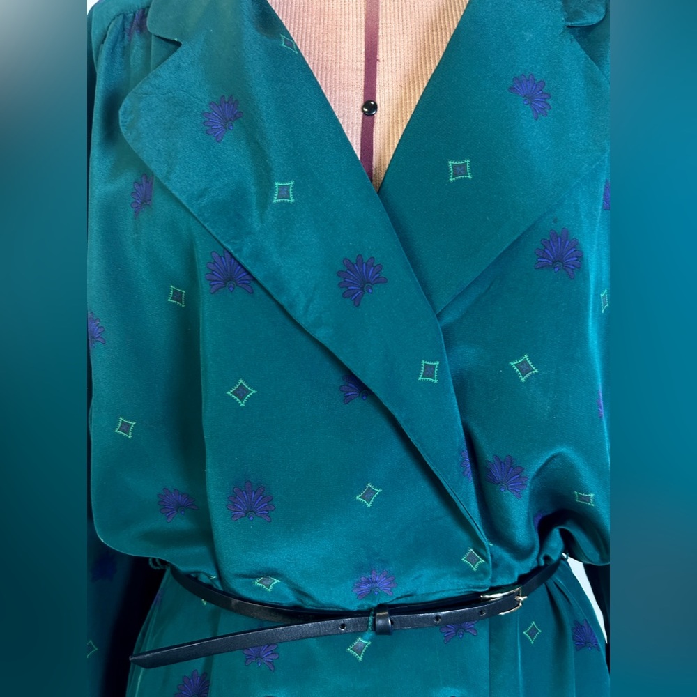 Vintage 80s/90s Liz Claiborne 100% Silk Dark Green Print Midi/Maxi Dress Size 8 - Picture 4 of 16